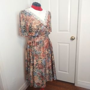 WHIRLAWAY FROCKS Vintage 80s Belted Fit and Flare Floral Bibbed Dress size 16